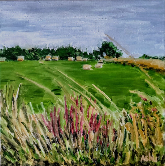Painting of vast hayfield seen from a distance under the gray skies in Cork, Ireland