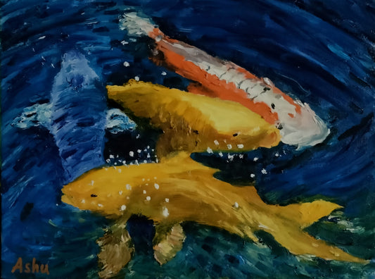 Painting of colorful fish swimming hurriedly in different directions in deep blue pond