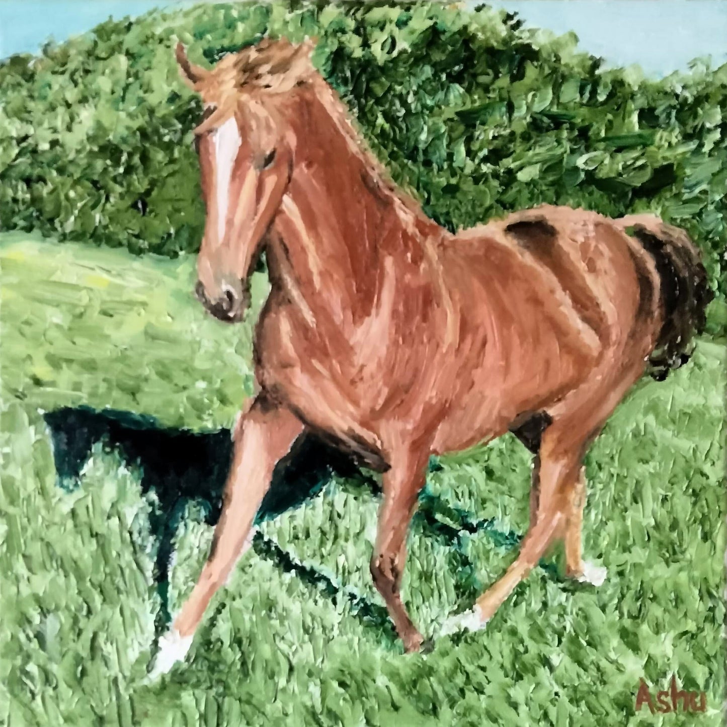 Landscape painting of a chestnut brown horse trotting in lush green meadows on a bright sunny spring morning