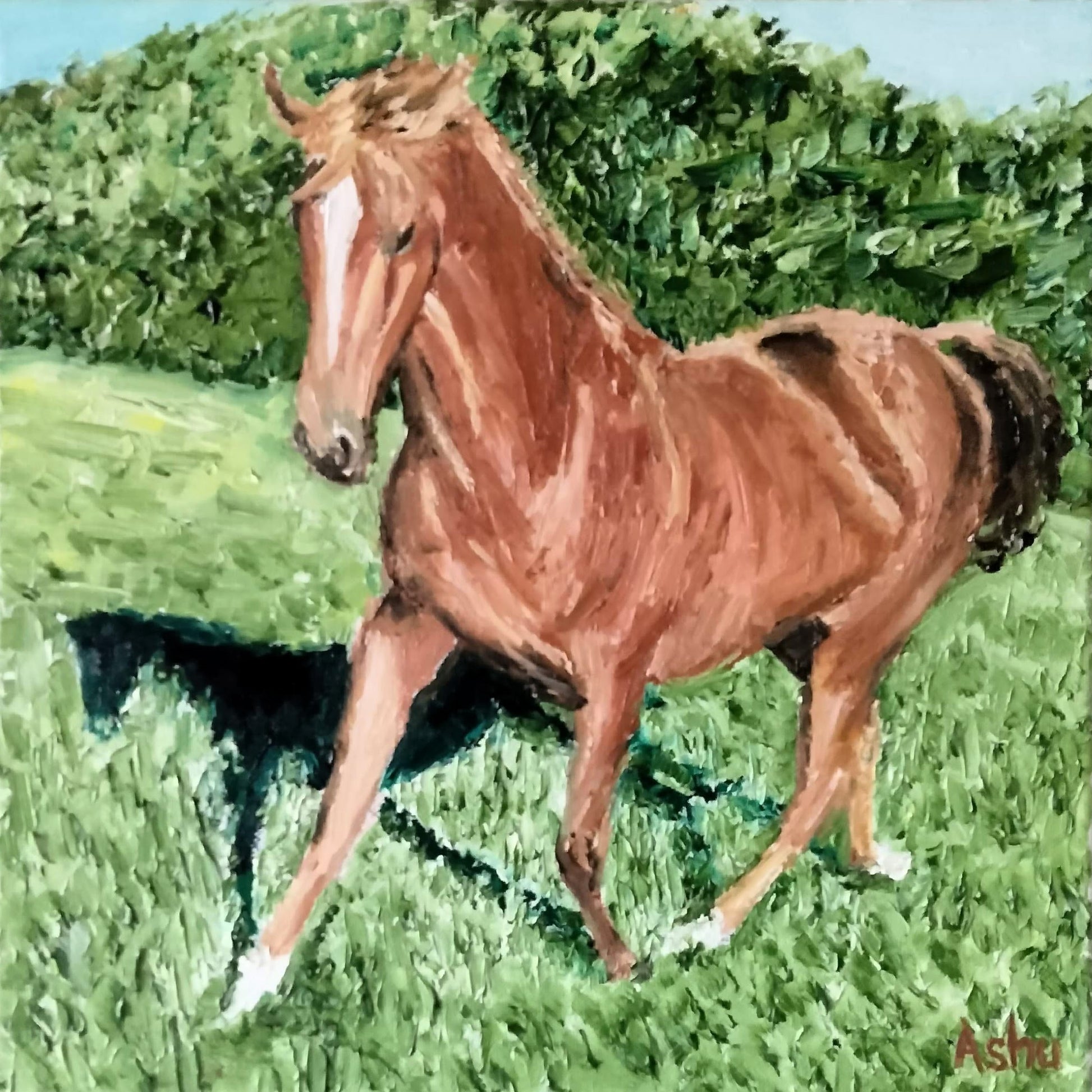 Landscape painting of a chestnut brown horse trotting in lush green meadows on a bright sunny spring morning