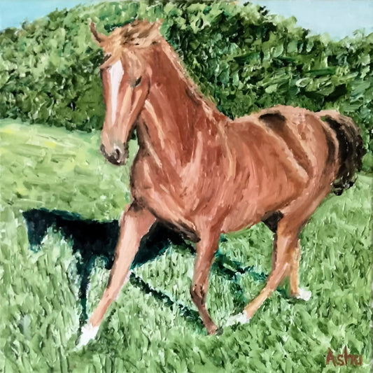 Landscape painting of a chestnut brown horse trotting in lush green meadows on a bright sunny spring morning