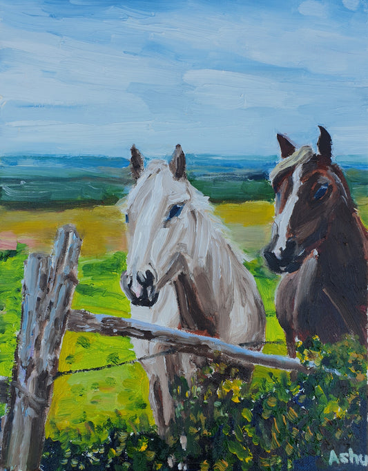 Painting of two horses by the fence in the vast meadows