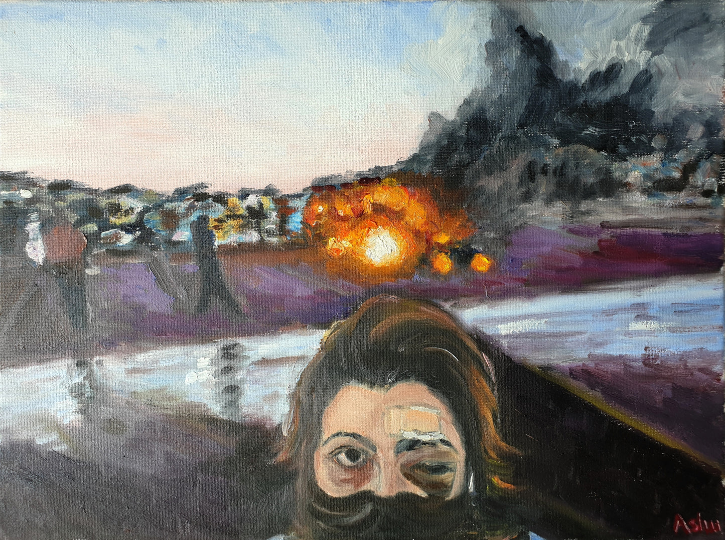 Oil painting depicting a cityscape with a portrait of a person with a bandage on their face, reflecting on the aftermath of a violent event.