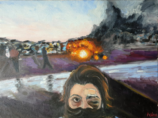 Oil painting depicting a cityscape with a portrait of a person with a bandage on their face, reflecting on the aftermath of a violent event.