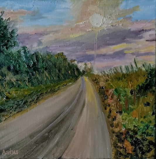 painting of a sunrise seen from a country road in Cork, Ireland