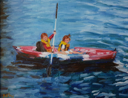 Painting of two little girls happily kayaking in the lake on a summer afternoon
