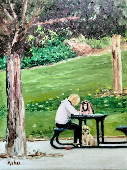 Painting of a small-framed woman sitting alone by picnic table, reading newspaper, under a shady tree, with a small dog sitting by her feet.