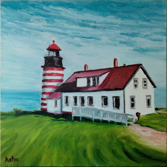 Painting of a red-and-white striped lighthouse on a bright sunny spring day off the coast of Maine, USA, situated on a freshly mowed lush green lawn, with the background of ocean and slightly cloudy blue sky