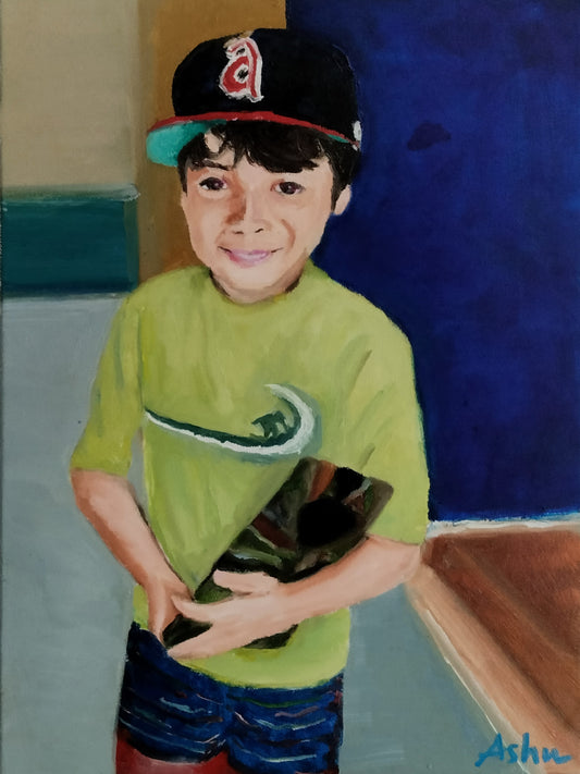 Portrait painting of a little boy with a slight smile, holding a tablet and wearing a baseball hat