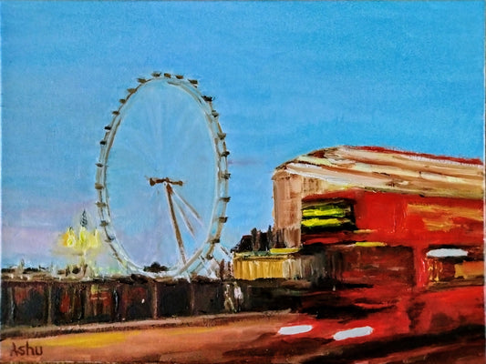 Painting of a distant view of London's landmark London Eye ferris wheel and the iconic red double-decker bus zooming past in the foreground