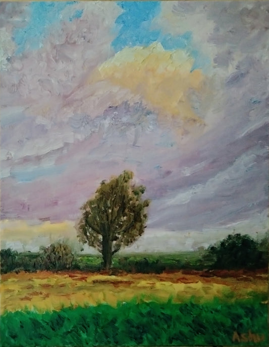 Painting of an early morning scene of Ireland hayfields and cloudy sky, with sunshine peeking through a single cloud