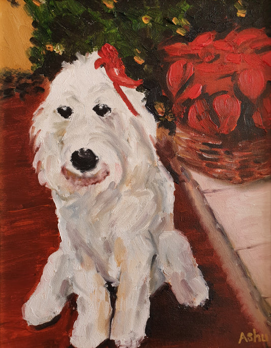Painting of a Golden Doodle dog decked with a red ribbon posing by the poinsettias