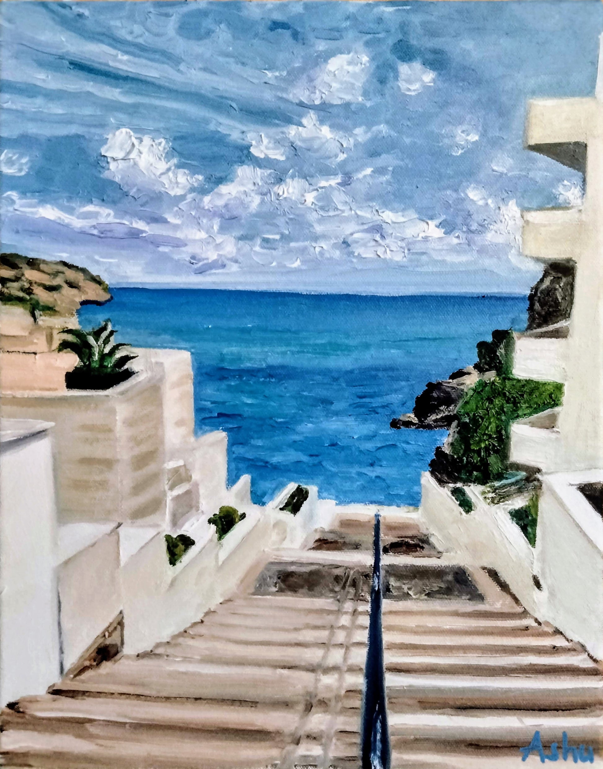 Painting of the calm pristine turquoise ocean and vast blue sky with scattered clouds on a warm and sunny day