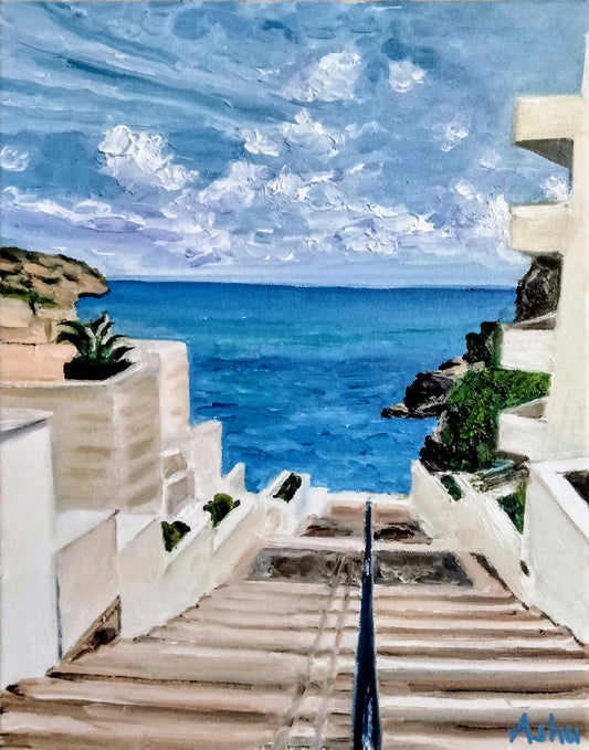 Painting of the calm pristine turquoise ocean and vast blue sky with scattered clouds on a warm and sunny day