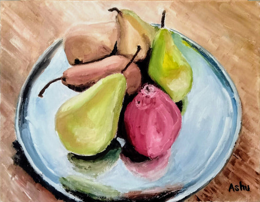 Painting of ripe, colorful pears in a stainless steel plate