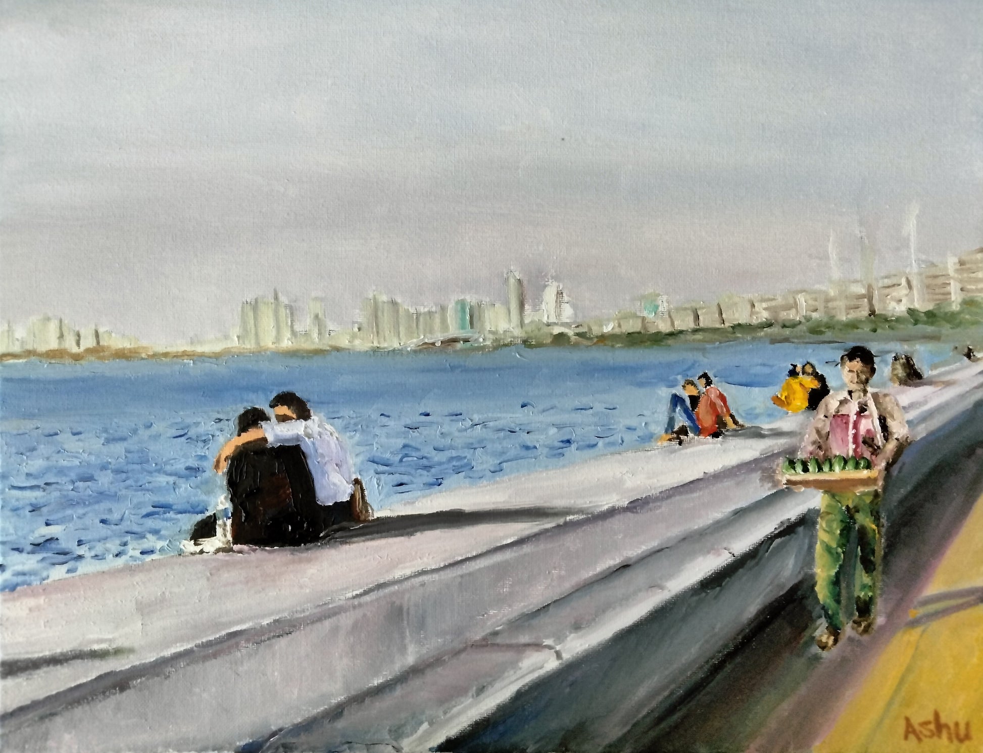 Painting of couples enjoying a private moment by the Arabian Sea shore on a sunny December afternoon at Marine Drive, Mumbai