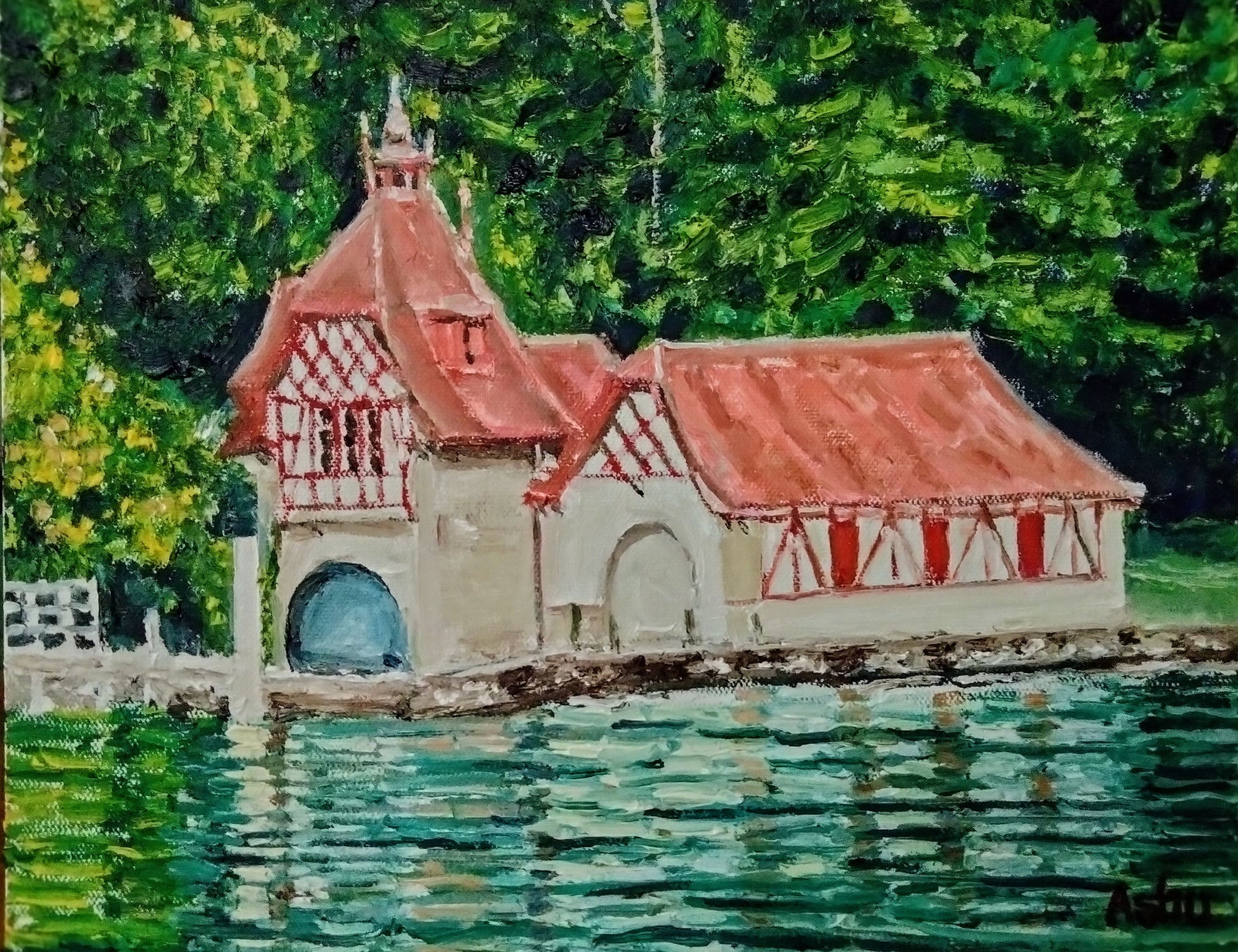 Painting of the St. Niklausen church with sloping red roof on the Lake Lucern in #Switzerland
