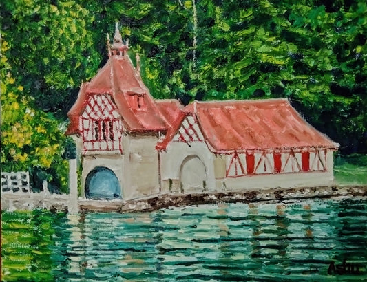 Painting of the St. Niklausen church with sloping red roof on the Lake Lucern in #Switzerland