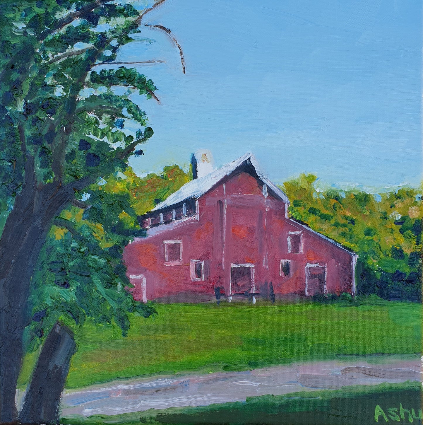 Painting of a big red barn seen from a distance on a summer morning