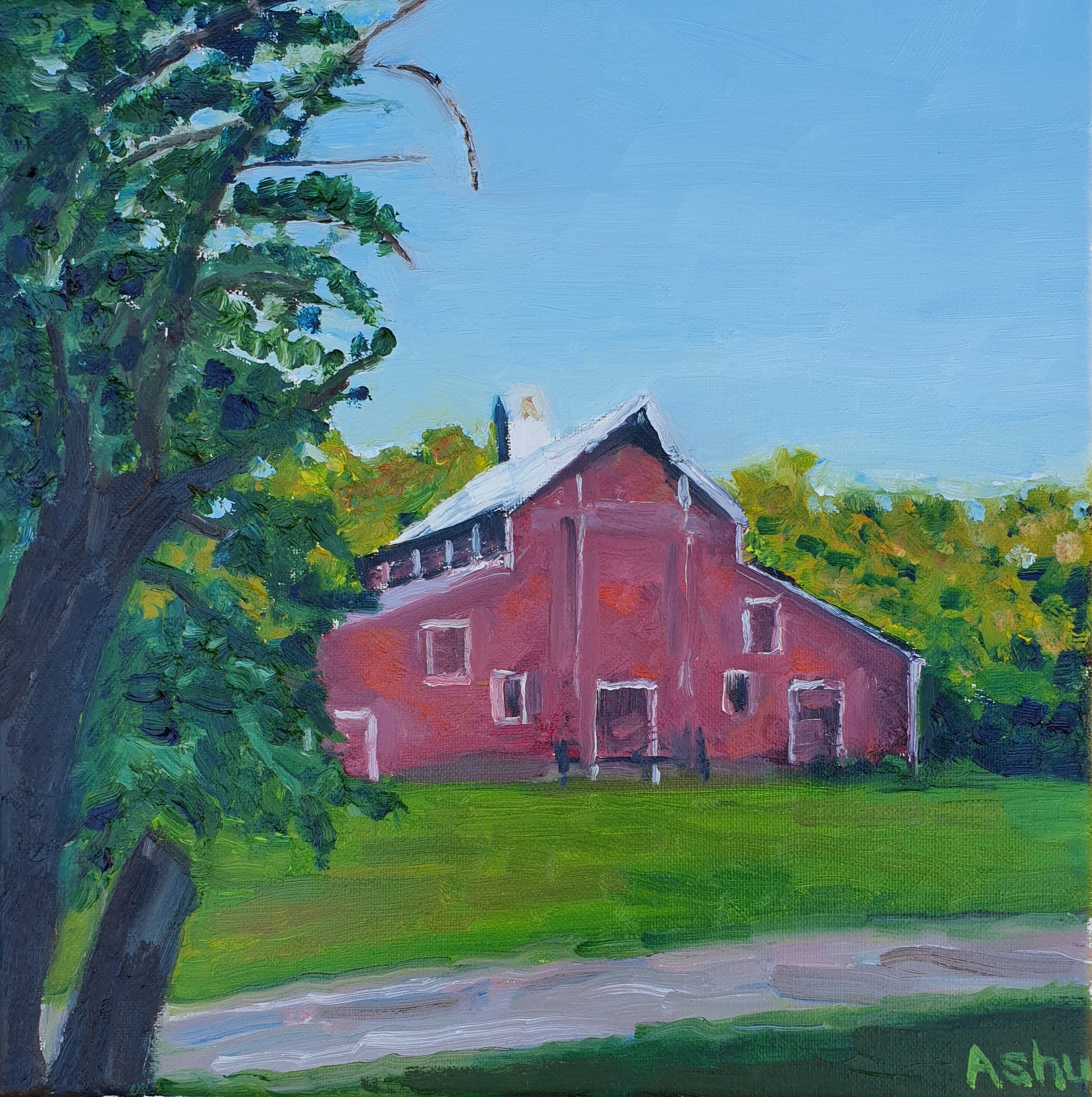 Painting of a big red barn seen from a distance on a summer morning