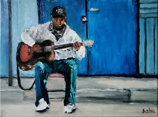Painting of an African-American man singing the blues, playing acoustic guitar outside his store under the hot and bright afternoon sun