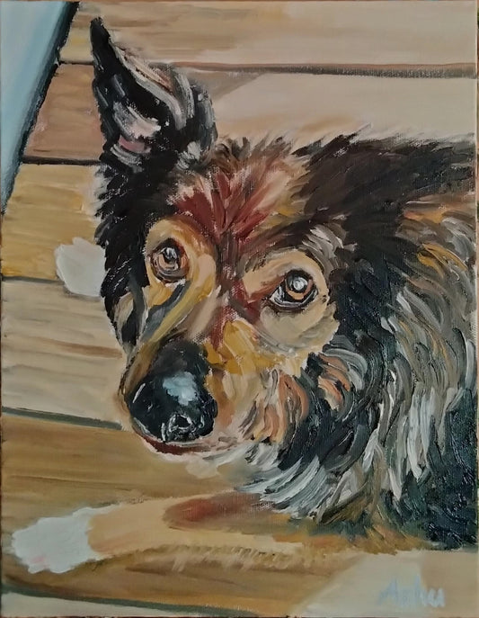 Painting of an old malamute dog gazing lovingly