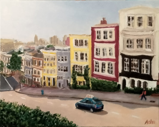 Painting of elegant condominium building facades on steep descending Mason Street in the Nob Hill area of San Francisco, California