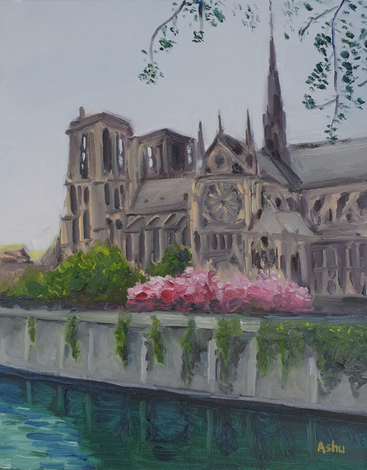 Painting of the Notre-Dame cathedral in Paris seen from the river Seine