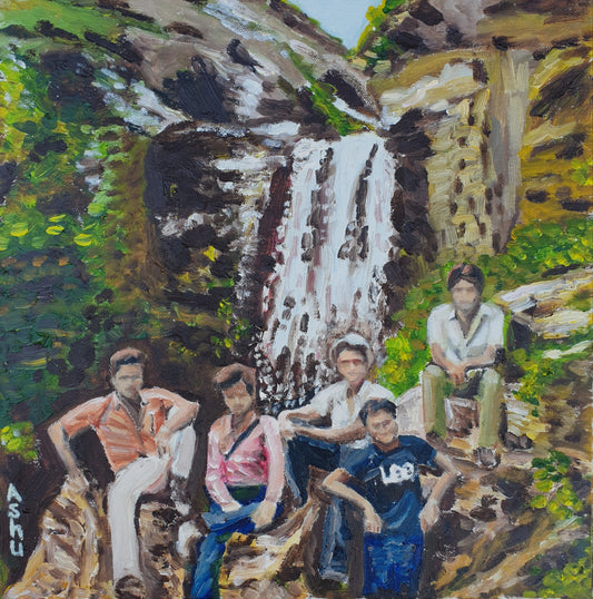painting of five college friends posing in front of a waterfall