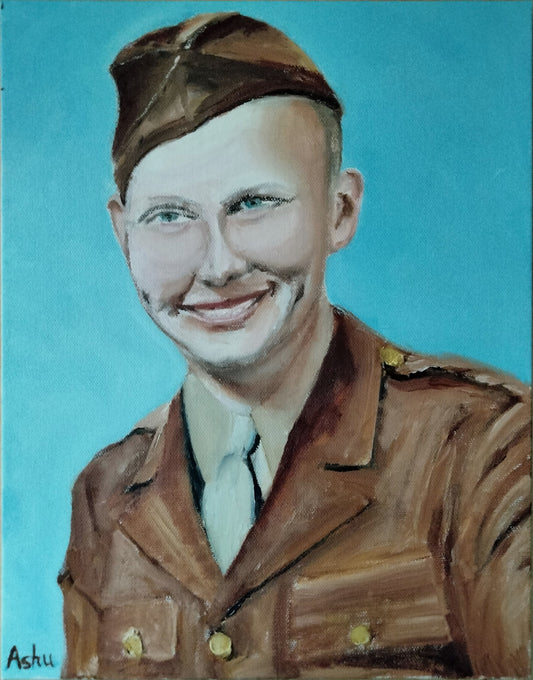 Portrait painting of a young soldier in World War II army uniform