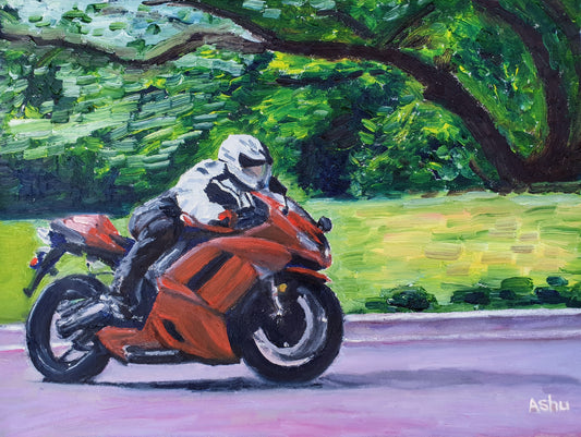 Painting of a motorcyclist wearing white helmet and black-and-white outfit, turning skillfully on a red sporty motorcycle