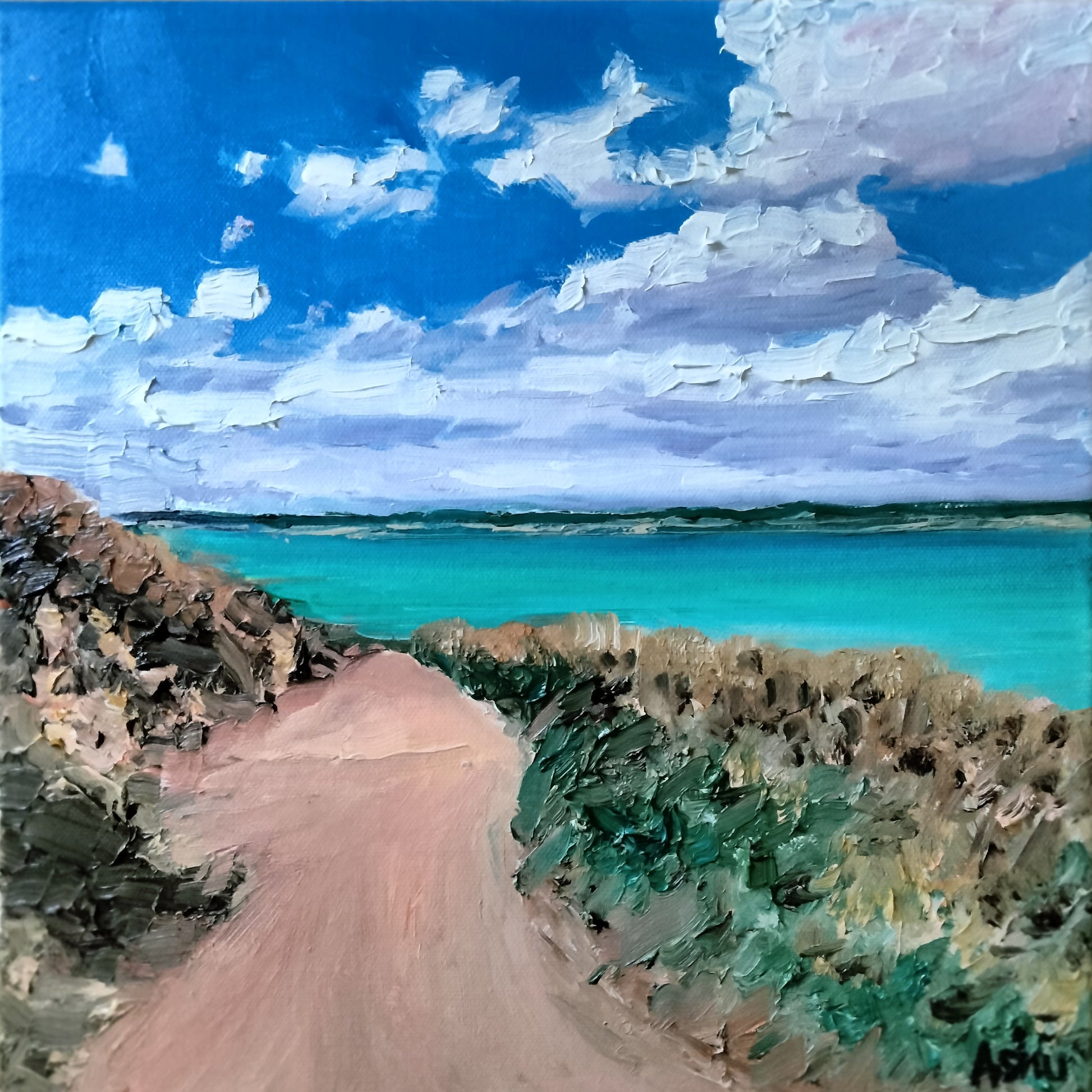Painting of winding red dirt road leading to the turquoise #ocean and vast blue sky with thick white clouds
