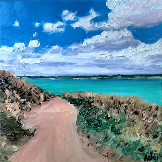 Painting of winding red dirt road leading to the turquoise #ocean and vast blue sky with thick white clouds