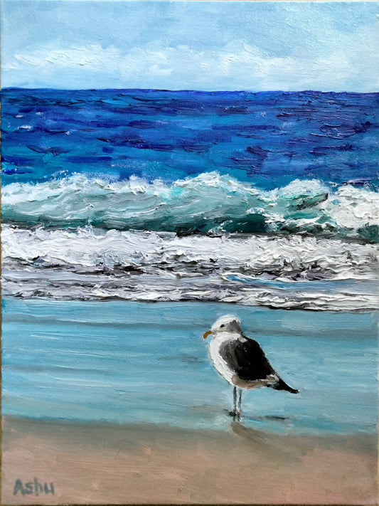 Painting of a lone seagull waiting for the next wave to fizzle out under his firm feet by the shore
