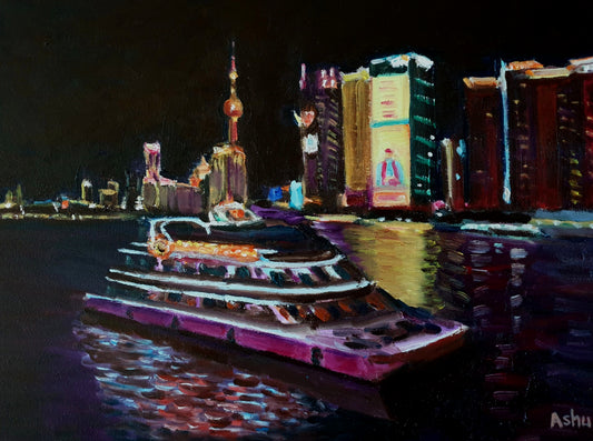 Painting of Shanghai night skyline from the Huangpu river cruise