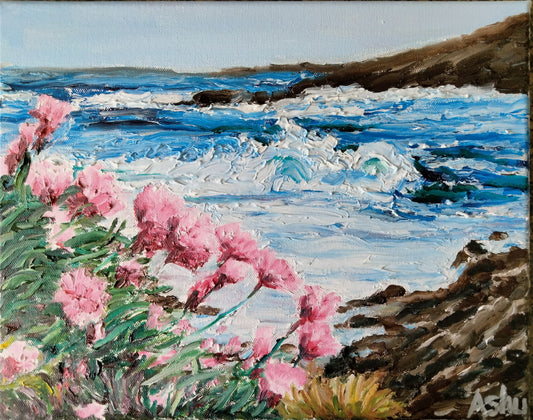 Painting of the Shetland coast with sea pink thrift flowers blowing in the wind seen in the foreground