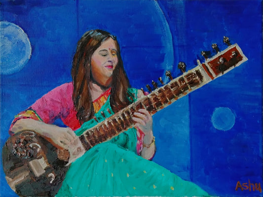 Painting of a woman musician in a silk turquois saree and pink blouse playing the sitar on a brightly lit stage