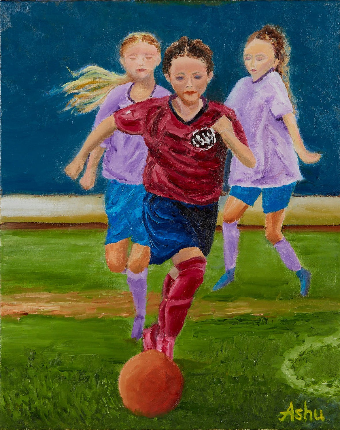 Painting of a girl running and about to steer the soccer ball towards the net, while opposing team players chase her hopelessly