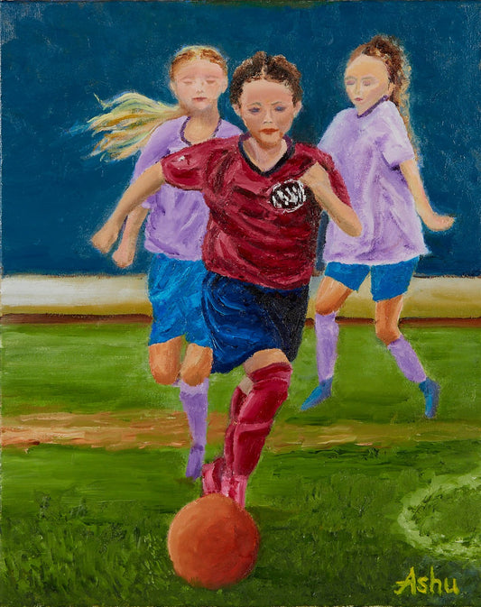 Painting of a girl running and about to steer the soccer ball towards the net, while opposing team players chase her hopelessly