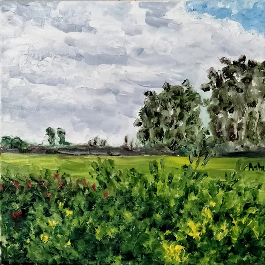 Painting of Gray clouds and lush green lawns after the spring showers with a glimmer of sunshine
