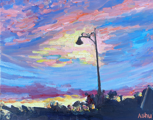 Painting of the sunrise seen from a suburban California street