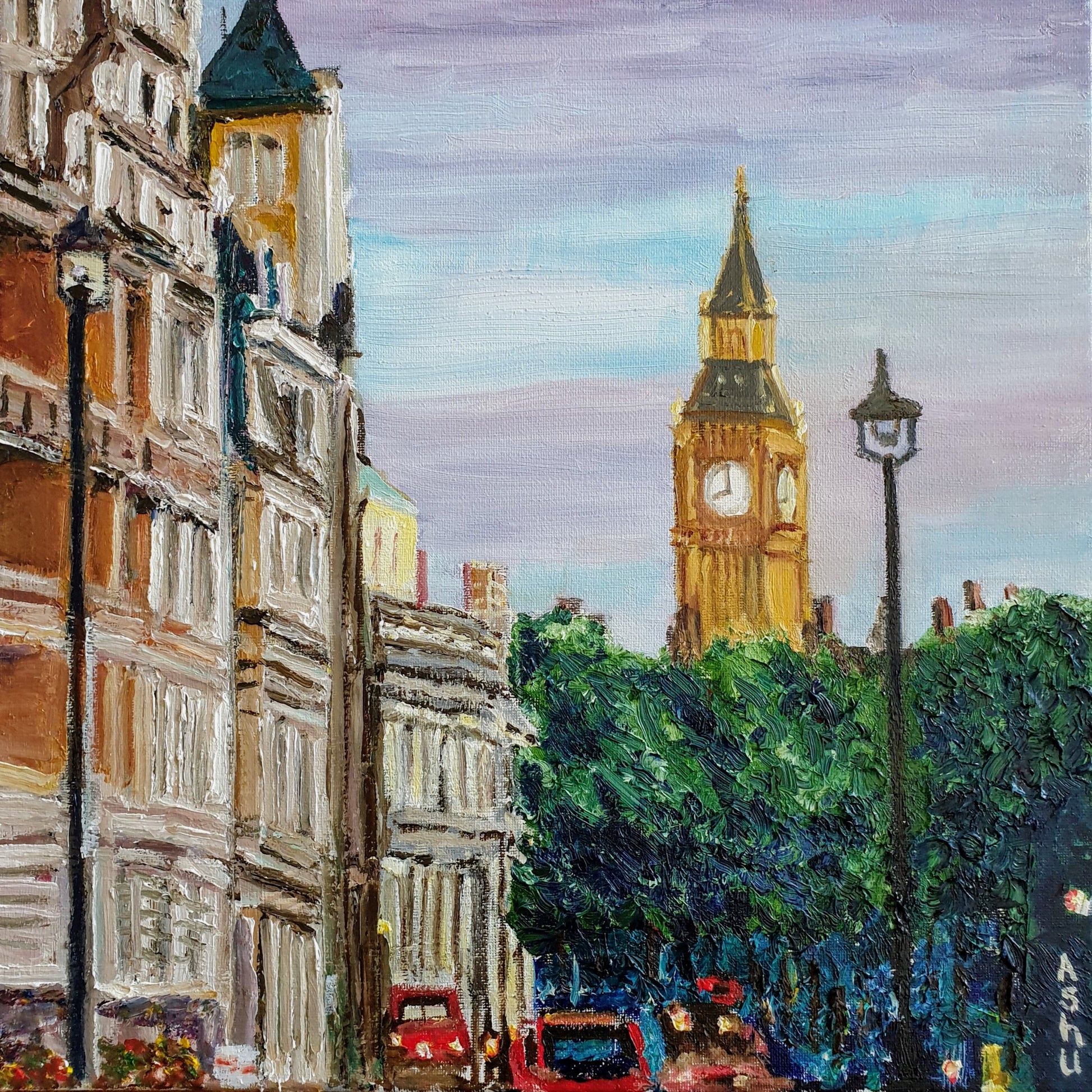 Painting of the London clock tower "Big Ben" bathed in golden light seen from Trafalgar Square just before sunset