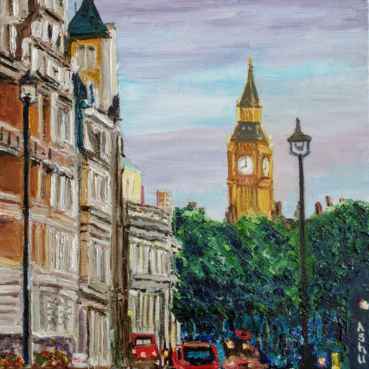 Painting of the London clock tower "Big Ben" bathed in golden light seen from Trafalgar Square just before sunset