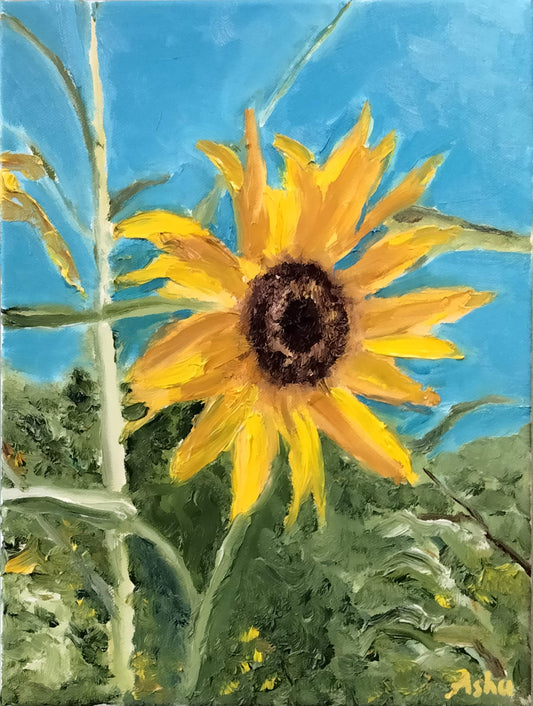 Painting of a sunflower with a blue sky background