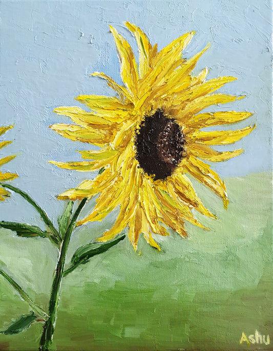 Painting of a sunflower blowing in the wind