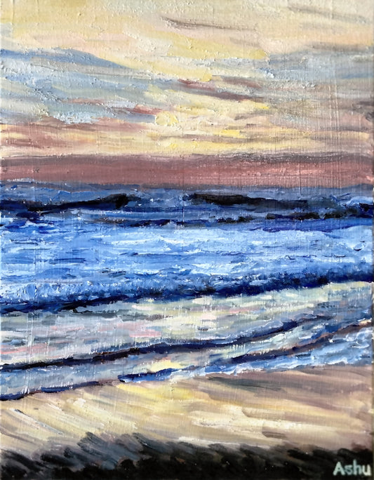 Painting of an evening scene with orange sky, deep strong blue waves at distance, and gentle surf touching the shore