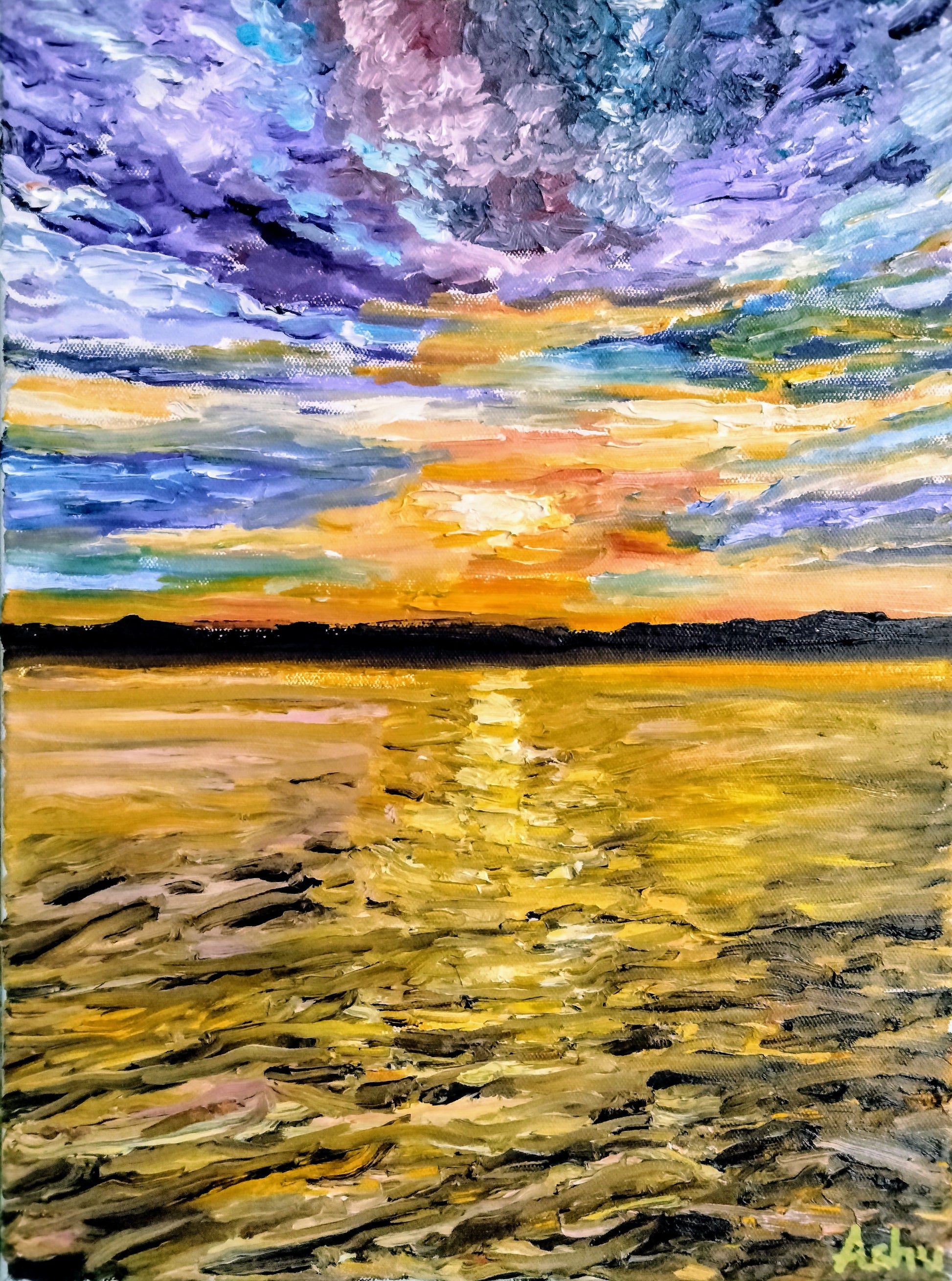 Colorful painting of a sunset over water