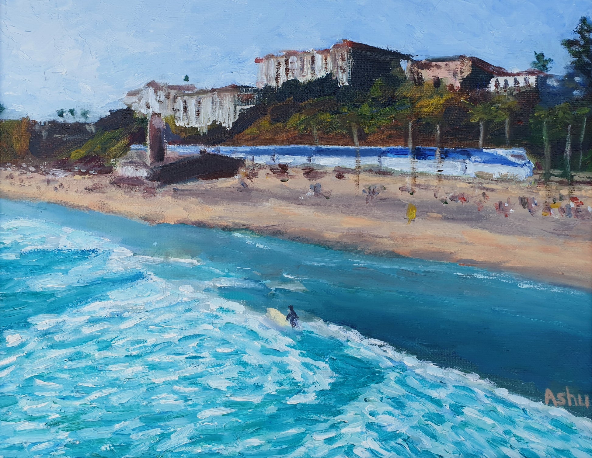 Painting of the turquoise Pacific ocean and the white and blue Amtrak Pacific Surfliner train seen from San Clemente pier in California