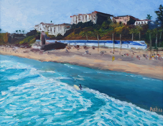 Painting of the turquoise Pacific ocean and the white and blue Amtrak Pacific Surfliner train seen from San Clemente pier in California