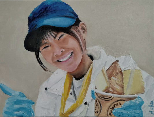 Painting of a young ice-cream barista from Tokyo's Shinjuku area posing with a sweet smile as she serves an ice-cream cup to a customer